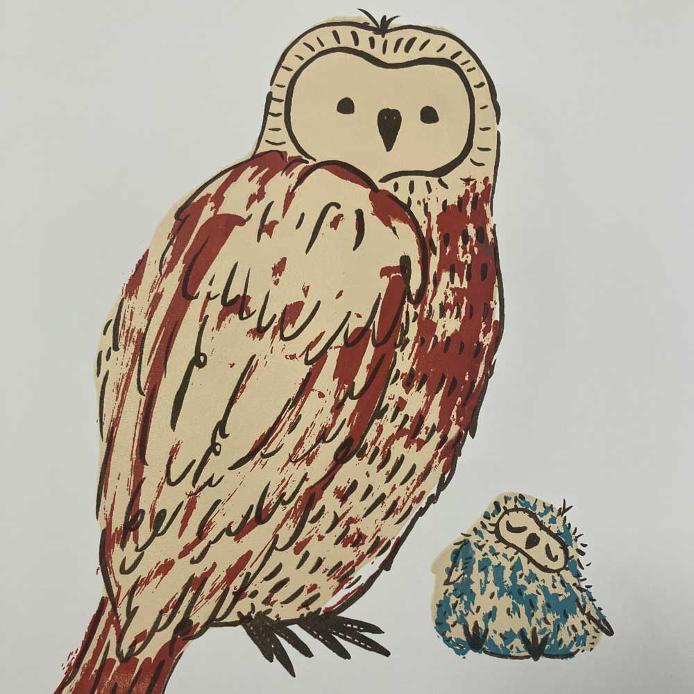 Illustrated owl artwork for bookbinding.