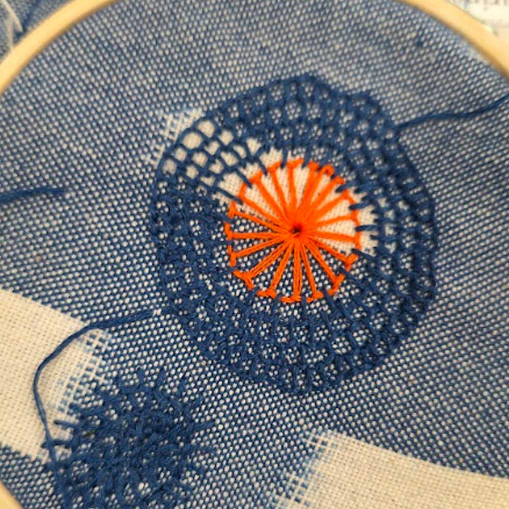 Decorative stitched textile artwork.